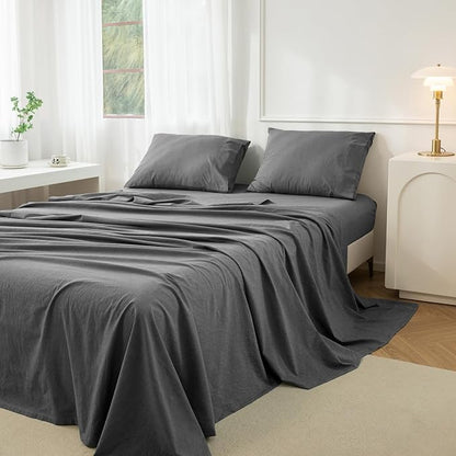 JIYUAN Twin Size Sheet Set, 3-Piece - 100% Washed Cotton, Linen-Like Soft & Breathable, Includes Deep Pocket Fitted & Flat Sheet with 1 Pillowcases, Hotel Quality, Heathered Dark Grey
