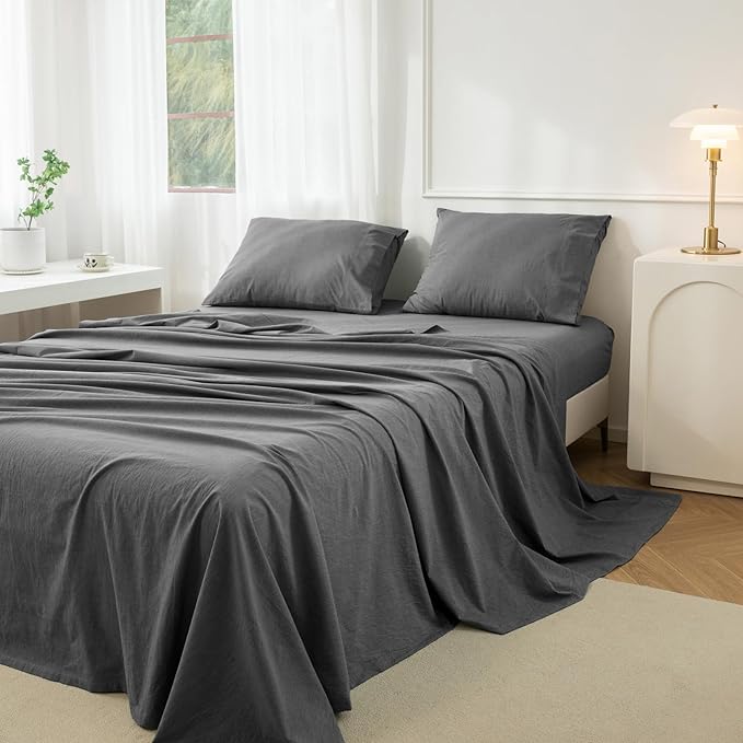 JIYUAN Full Size Sheet Set, 4-Piece - 100% Washed Cotton, Linen-Like Soft & Breathable, Includes Deep Pocket Fitted & Flat Sheet with 2 Pillowcases, Hotel Quality, Heathered Dark Grey