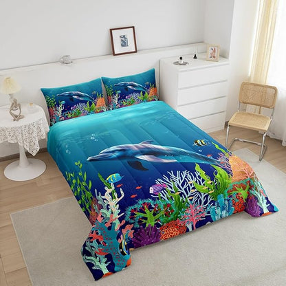 Cute Dolphin Kids Comforter King Size,Ocean Fish Coral Comforter Set Bedding Set for Kids Adults,Cartoon Undersea Boys Girls Blue Underwater Duvet Set Ultra Soft Room Decor 3Pcs Quilt Set