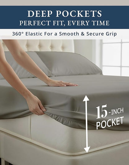 LANE LINEN 100% Egyptian Cotton Split King Sheets for Adjustable Beds - Soft & Comfy Sateen Weave Naturally Cooling Breathable Oeko Tex Certified Bed Sheets - Charcoal