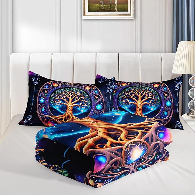 Tree of Life Bedding Twin Comforter Set,Mystic Planet Starry Sky Printed Bedding Comforter Sets for Kids Boys Girls Room Decor,Bohemian Bedding Puffy Comforter Sets 2 Pillowcases.