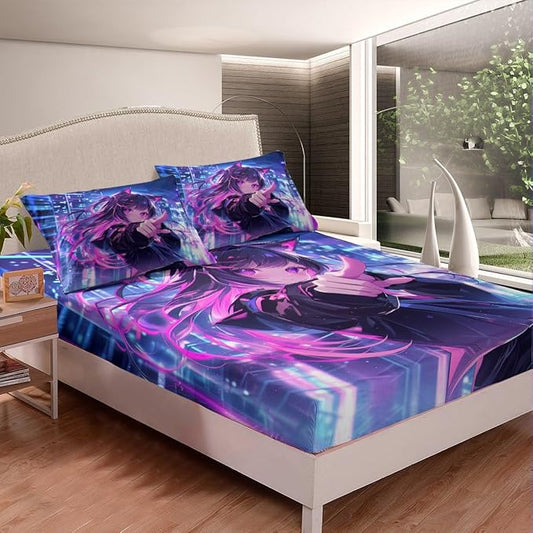 Erosebridal Kids Anime Girl Queen Size Bedding Set, Japanese Anime Bed Sheets, Cartoon Girl Fitted Sheet for Boys Teens Bedroom Decor, Kawaii Japanese Animation Bed Set with 2 Pillow Cases