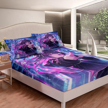 Erosebridal Kids Anime Girl Twin Size Bedding Set, Japanese Anime Bed Sheets, Cartoon Girl Fitted Sheet for Boys Teens Bedroom Decor, Kawaii Japanese Animation Bed Set with 1 Pillow Case