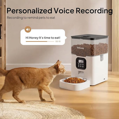 VOLUAS Automatic Cat Feeder, 4L Timed Dry Food Dispenser for Cats & Dogs | Programmable Portion Control, Up to 4 Meals Daily, Dual Power Supply, Power-Off Memory, 10-Second Voice Recorder