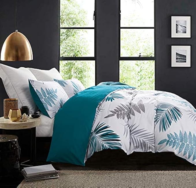 Duvet Cover Set, 600 Thread Count Cotton White Leaf Floral Pattern Print Reversible Comforter Cover Set (King, Peacock Blue-Leaf)