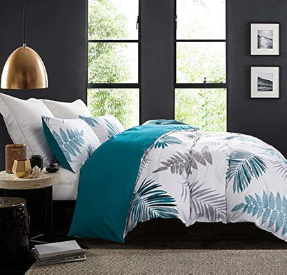 Duvet Cover Set, 600 Thread Count Cotton White Leaf Floral Pattern Print Reversible Comforter Cover Set (King, Peacock Blue-Leaf)