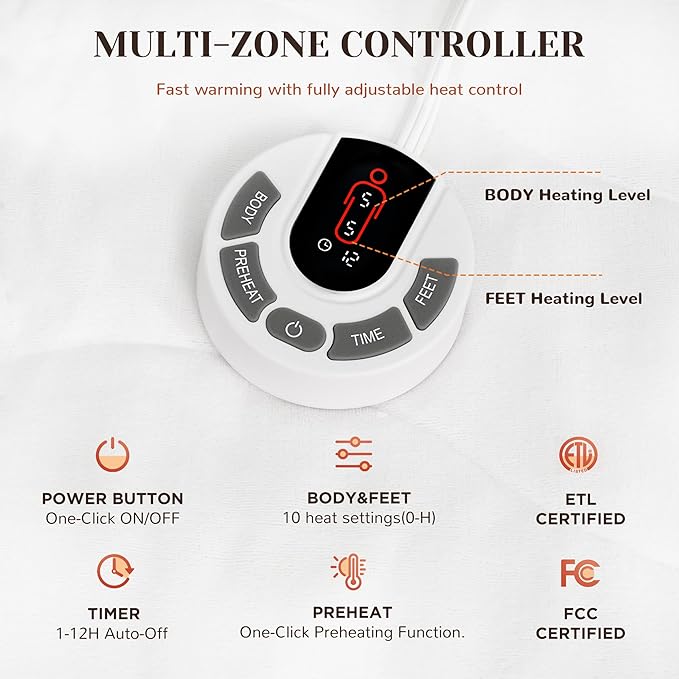 GOTCOZY Multi-Zone Heated Mattress Pad Twin XL Size - Electric Mattress Pad Fit up to 15" with 10 Heat Setting & 12 Hour Auto Off, Independent Body & Feet Heating, Machine Washable（Bleach）
