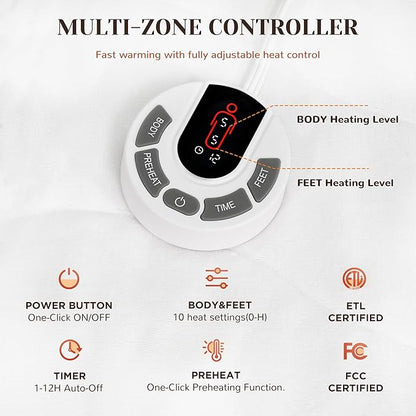 GOTCOZY Multi-Zone Heated Mattress Pad Twin XL Size - Electric Mattress Pad Fit up to 15" with 10 Heat Setting & 12 Hour Auto Off, Independent Body & Feet Heating, Machine Washable（Bleach）