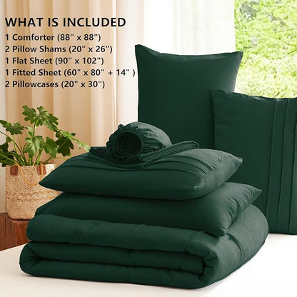 CozyLux Queen Comforter Set Emerald Green, 7 Pieces Soft Pinch Pleat Bed in a Bag Queen Comforter Set with Sheets, Boho Bed Set with Down Alternative Comforter, Sheets, Pillowcases & Shams