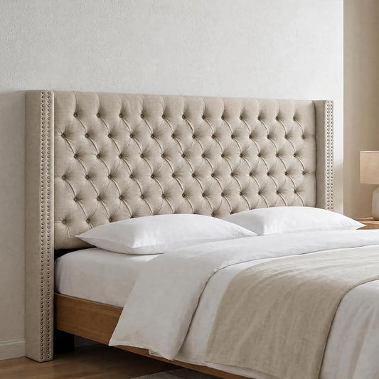 Madison Park Queen Wingback Upholstered Tufted Headboard, Featuring High-Density Sponge Padding, Adjustable Height Headboard, Easy Assembly, Beige Woven
