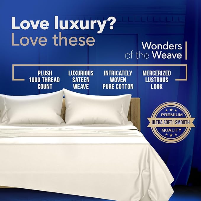 TEXAS LINEN CO. Luxury Egyptian Cotton King Pillow Cases Set of 2-1000 Thread Count Pillowcases for Sleeping, Silky Soft, Cooling Pillow Cover, Extra Long Staple Hotel Quality Pillow Cases - Ivory