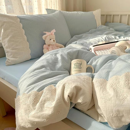 Blue Gingham King Comforter Set Down Alternative Boho Bedding Set Soft Lace-Trimmed Fluffy All Season Bedding Comforter Sets Lightweight Microfiber Cute Plaid Comforter with 2 Pillowcases