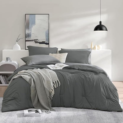 WRENSONGE King Size Comforter Set- 7 Pieces Soft Grey Bed in a Bag with Fitted Sheet, Flat Sheet, 2 Pillow Shams, and 2 Pillowcases- Warm Bedding Set for All Season