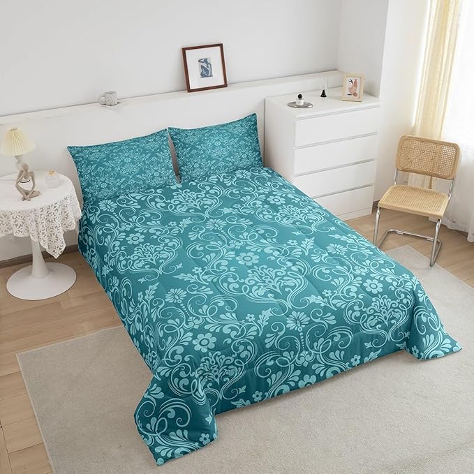 Feelyou Adults Teal Vintage Damask Floral Comforter Set Oriental Antique Comforter Twin Size Gothic Bohemia Boho Flower Bedding Set Bohemian Exotic Duvet Set Quilt Set 2Pcs