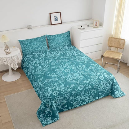 Feelyou Adults Teal Vintage Damask Floral Comforter Set Oriental Antique Comforter Twin Size Gothic Bohemia Boho Flower Bedding Set Bohemian Exotic Duvet Set Quilt Set 2Pcs