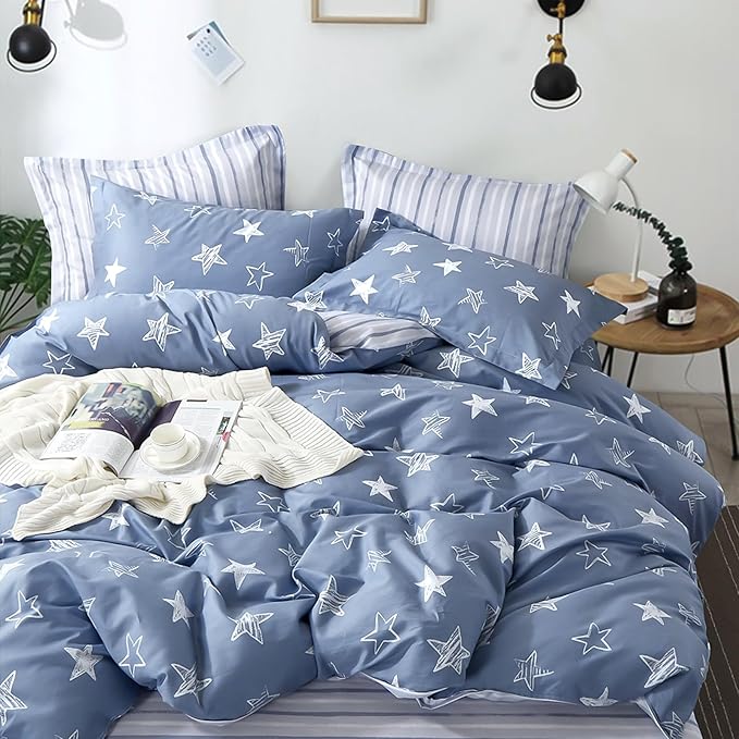 Blue Cotton Comforter Twin Size 2Pcs - White Doodle Style Stars on Denim Blue Front, Gray Stripes on Back, Reversible Lightweight Bedding Sets with Soft Fill(1 Comfoter, 1 Pillowcase)