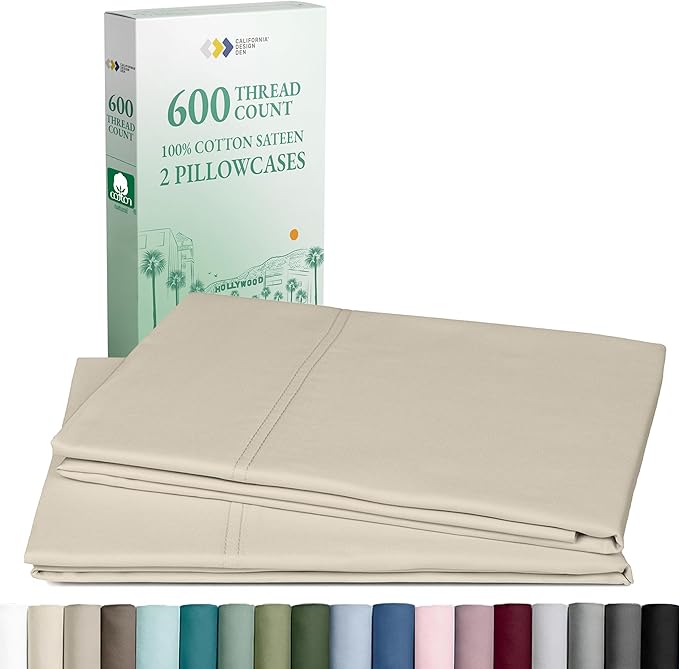 California Design DenPillow Cases Standard Size Set of 2-600 Thread Count Sateen, 100% Cotton, Soft and Breathable, Fits Standard and Queen Pillows - Beige