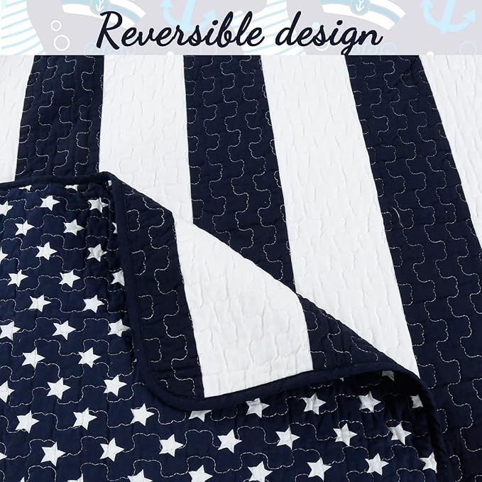 Cozy Line Home Fashions Sailor Popeye 's Bedding Quilt Set, Nautical Navy Blue White Star Striped 100% Cotton Reversible Coverlet Bedspread for Kids Boy (Sailor Star, Twin - 2 Piece)