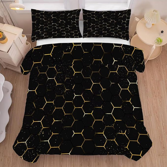 Black and Gold Comforter Set Full/Queen Size Geometric Honeycomb Bedding for Girls Boys Women Bedroom Decor Quilt Bed Sets, 1 Comforter 2 Pillowcases