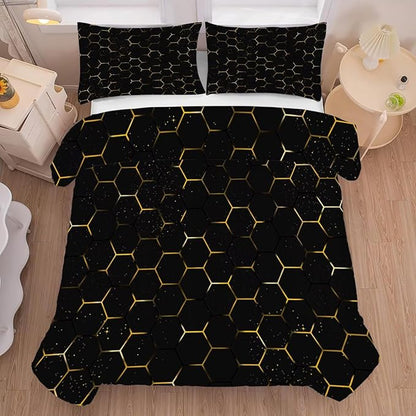 Geometric Comforter Set Twin Size Black and Gold Honeycomb Bedding for Kids Girls Boys Bedroom Decor Quilt Bed Sets, 1 Comforter 1 Pillowcase