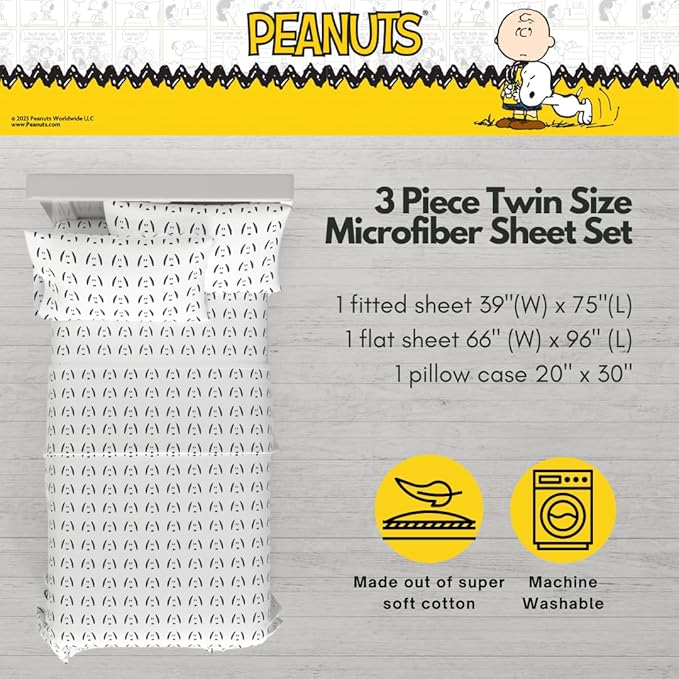 Collectibles Peanuts Snoopy Bedding Super Soft Cozy Microfiber 3 Piece Twin Sheet Set, (Officially Licensed Product) By Franco
