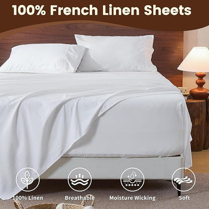100% Linen Sheet Set King Size Extra Deep Pocket Fits 18-24 Inch Mattress, Breathable & Soft, Smooth 6-Piece Set for Thick Mattresses Hotel Luxury Bedding（King, White）