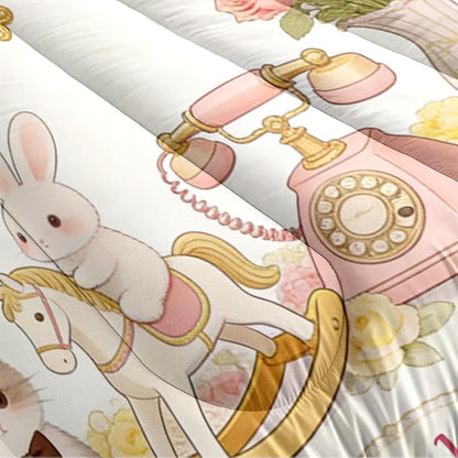 3Pcs Full Size Girls Kids Cute Pink Flower Comforter Set, Bear Cat and Bunny Bedding Sets for Girls Room Decor, 1 Comforter 79"x 90" and 2 Pillowcases All Season