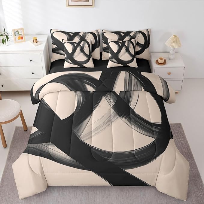Erosebridal Abstract Modern Black Beige 7 Piece Comforter Set Twin Bed in A Bag Neutral Minimalist Lines Bedding Set for Boys Men Geometric Sheet Set Contemporary Art Simple Quilt Room Decor