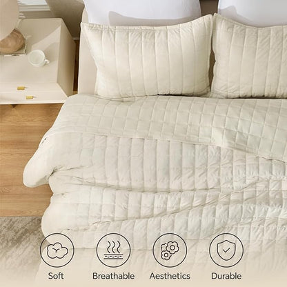 BEDELITE Velvet Quilt Set King Size - Luxury Velvet Comforter Bedding Set 3 Pieces, Soft Cozy Cream White Oversized Bedspread Coverlet for All Seasons with 2 Pillow Shams