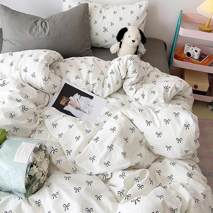 White Queen Comforter Set Black Bow Comforter Set Queen Size, Quilt Bedding Set 3 Pieces, Soft Lightweight Comforter(90‘’ x 90‘’) for Girl All Season & 2 Pillowcases(30‘’x20‘’)