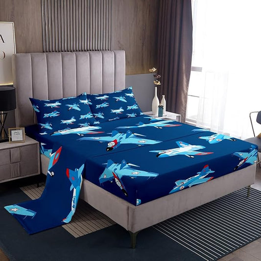Kids Aircraft Bed Sheets Set Cartoon Transportation Vehicles Fitted Sheet Boys Airplane Bedding Set for Bedroom Decor Navy Blue Sheet (Queen Flat Sheet & Fitted Sheet with 2 Pillow Case)