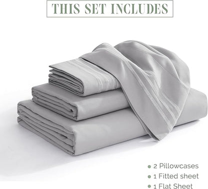 Elegant Comfort Luxurious 1500 Premium Hotel Quality Microfiber Three Line Embroidered Softest 4-Piece Bed Sheet Set, Wrinkle and Fade Resistant, Twin/Twin XL, Silver Grey