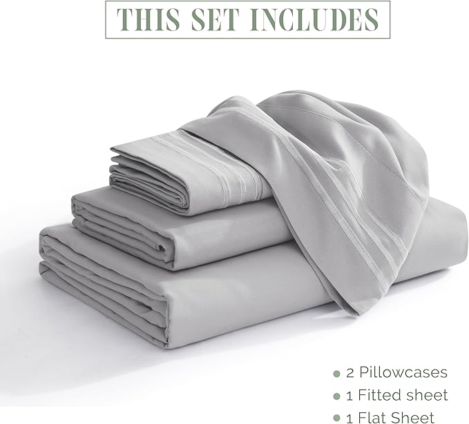 Elegant Comfort Luxurious 1500 Premium Hotel Quality Microfiber Three Line Embroidered Softest 4-Piece Bed Sheet Set, Wrinkle and Fade Resistant, Queen, Silver-Light Grey