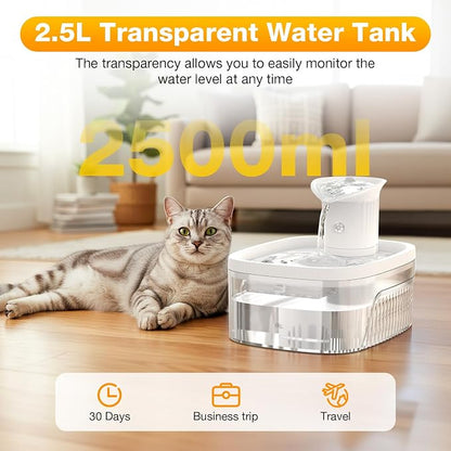 Cat Water Fountain, 85oz/2.5L Large Capacity Cordless Cat Water Fountain | Smart Motion Sensor & Timer Flow,3 Filter Cartridges, Wireless Pet Water Fountains for Cats Indoor (White)