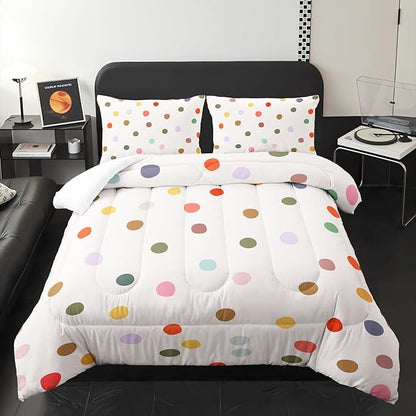 Colorful Polka Dots Comforter Set for Girls,Girly Kawaii Cartoon Bedding,Twin Size Multicolor Circles and White Comforter for Girls Women,Modern Geometry Bedding Set 1 Quilt 2 Pillowshams