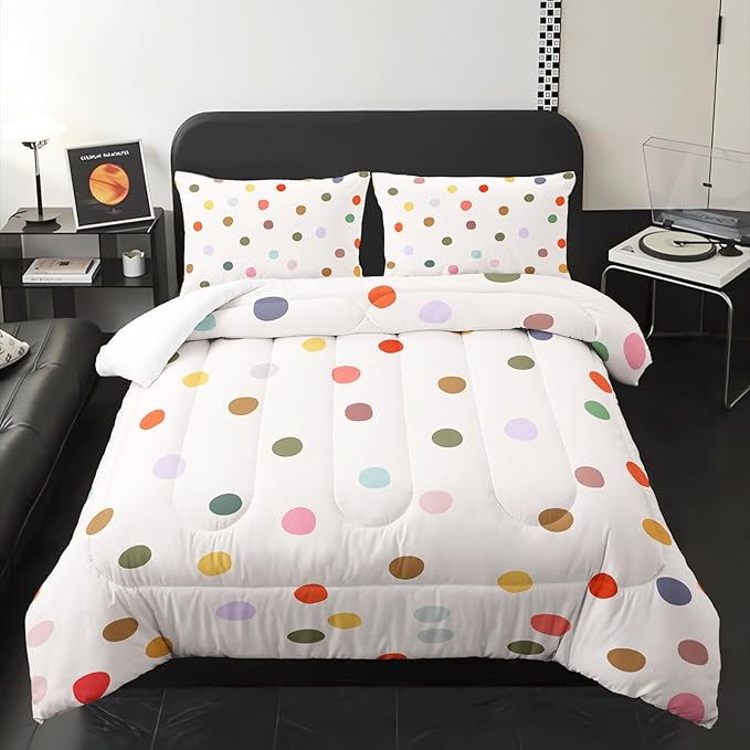 Colorful Polka Dots Comforter Set for Girls,Girly Kawaii Cartoon Bedding,Queen Size Multicolor Circles and White Comforter for Girls Women,Modern Geometry Bedding Set 1 Quilt 2 Pillowshams