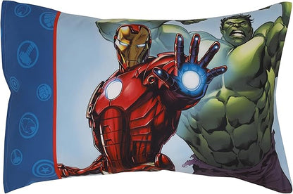 Disney Marvel Avengers Fight The Foes Blue, Red, Green Hulk, Iron Man, Thor, Captain America 4 Piece Toddler Bed Set - Comforter, Fitted Bottom Sheet, Flat Top Sheet, and Reversible Pillowcase