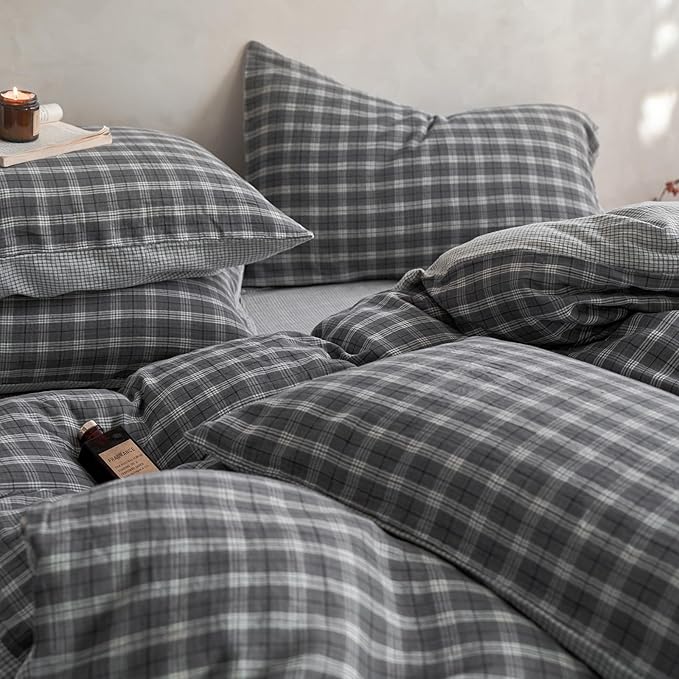 EAVD Vintage Style Grey Plaid Gingham Duvet Cover Full Soft 100% Cotton Muslin Grey Grid Checkered Bedding Set with 2 Pillowcases Reversible Plaid Duvet Cover with Zipper Closure