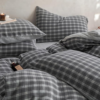 EAVD Vintage Style Grey Plaid Gingham Duvet Cover Full Soft 100% Cotton Muslin Grey Grid Checkered Bedding Set with 2 Pillowcases Reversible Plaid Duvet Cover with Zipper Closure