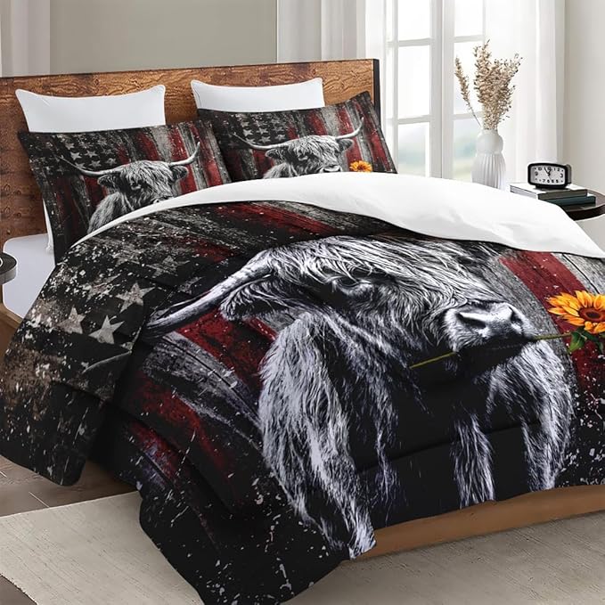 Queen Size Comforter Set with 2 Pillowcases, Highland Cow Animal 3 Pcs Bedding for Kids and Adults, Farm American Flag Soft Comforter Set for Bedroom Bed Decor