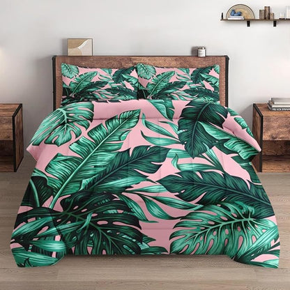 Queen Size Comforter Set with 2 Pillowcases, Tropical Green Leaves Pink Leaf Soft 3 Pcs Bedding for Kids and Adults Bedroom Bed Decor