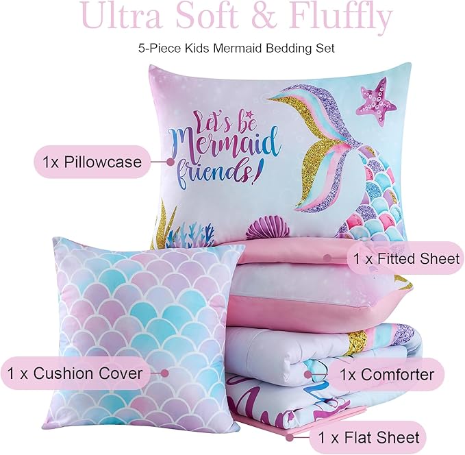 Cokouchyi Twin Size Comforter Set for Girls, 5-Piece Bed in a Bag, 3D Colorful Mermaid Bedding Comforter Sheet Set, Ultra Soft and Fluffy, Mermaid