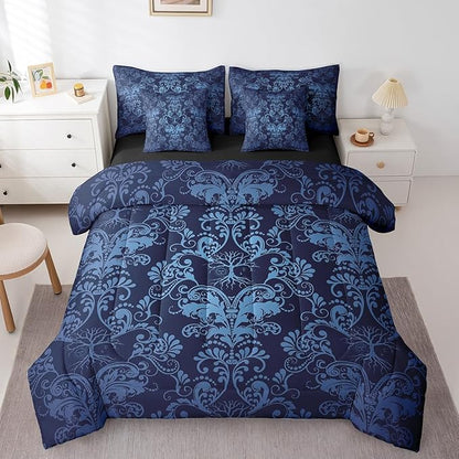 Erosebridal Gothic Damask Bed in a Bag King Size Comforter Set 7 Pieces,Sun Moon Tree of Life Bedding Sets Blue Victorian Floral Goth Sheet Set with Comforter