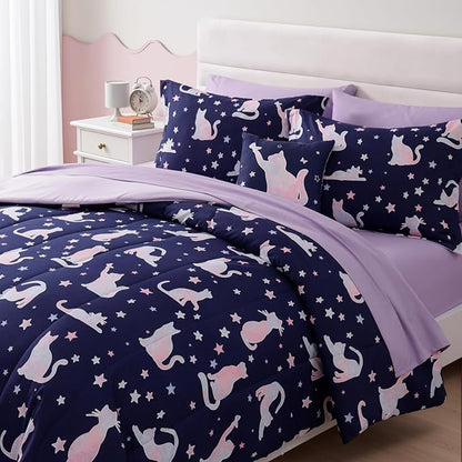 Twin Comforter Set for Girls, Kids - 5 Pieces Cute Cat Patterns Twin Bedding Sets for Girls Boys Teen, Soft Cozy Bed in A Bag with Sheets