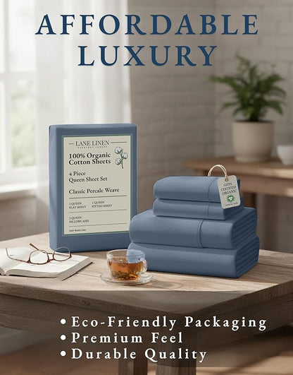LANE LINEN 100% Organic Cotton Queen Sheets Set, Fully Elasticized Machine Washable Mercerized Cotton Soft & Comfy Low Pill Fade Resistant Sheets Queen Size Set, Classic Percale Weave- Estate Blue