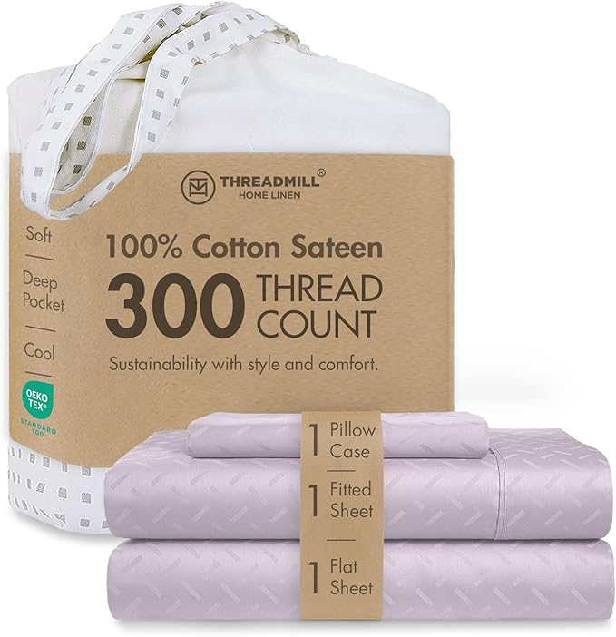 Threadmill Cotton Twin Sheet Set | 100% Cotton Sheets for Twin Size Bed | Damask Jacquard Sateen Twin Bed Sheets Set with 16” Deep Pocket | Soft Breathable 3-Piece Cooling Sheet Set | Lilac