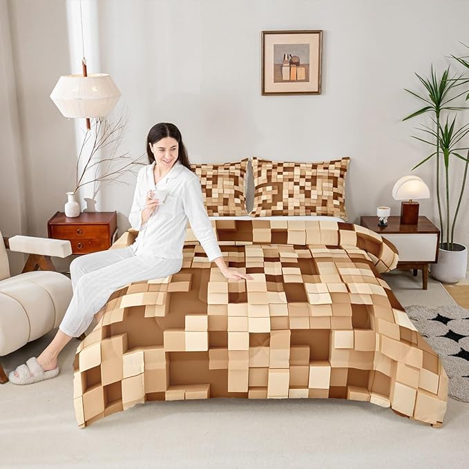 Pixelated Kids Bedding Set King Size,Patchwork Grid Video Games Comforter Set,Miners Lattice Simple Quilt Comforter,Light Brown Bedroom Duvet Insert,2 Pillowcases