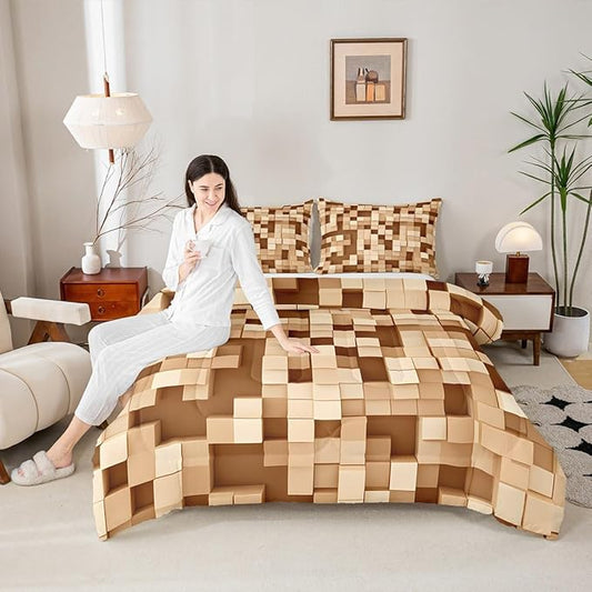 Pixelated Kids Bedding Set King Size,Patchwork Grid Video Games Comforter Set,Miners Lattice Simple Quilt Comforter,Light Brown Bedroom Duvet Insert,2 Pillowcases
