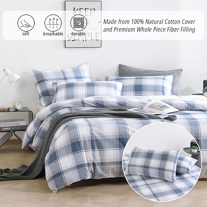 Vintage Cotton Comforter Queen Size 3Pcs - Classic Tartan Plaid Pattern with Denim Blue, Soft Gray and White, Lightweight Bedding Sets with Soft Fill(1 Comfoter 90"×90", 2 Pillowcases)