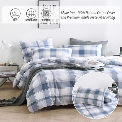 Vintage Cotton Comforter Queen Size 3Pcs - Classic Tartan Plaid Pattern with Denim Blue, Soft Gray and White, Lightweight Bedding Sets with Soft Fill(1 Comfoter 90"×90", 2 Pillowcases)